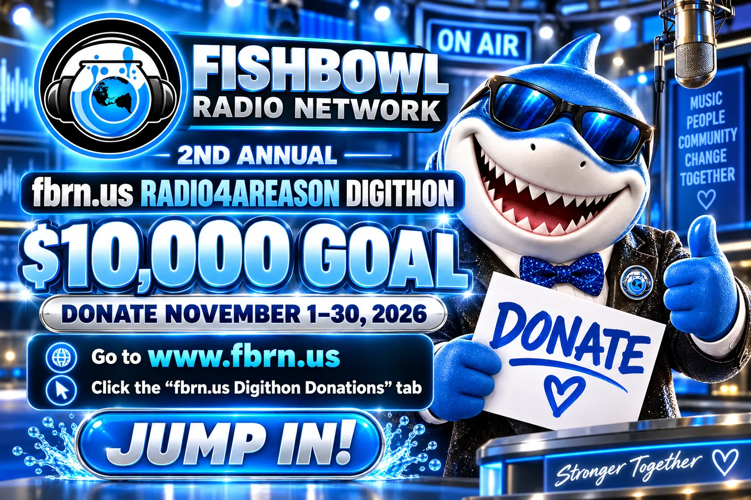 Fishbowl Radio Network 2nd Annual Radio4aReason Digithon - $10,000 goal, donate November 1-30, 2026